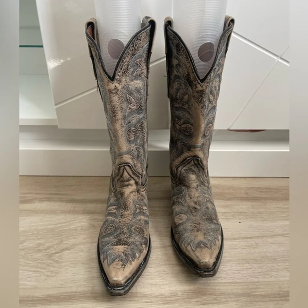 Dan Post Floral Embroidery Western Boot White TAN Women's 7